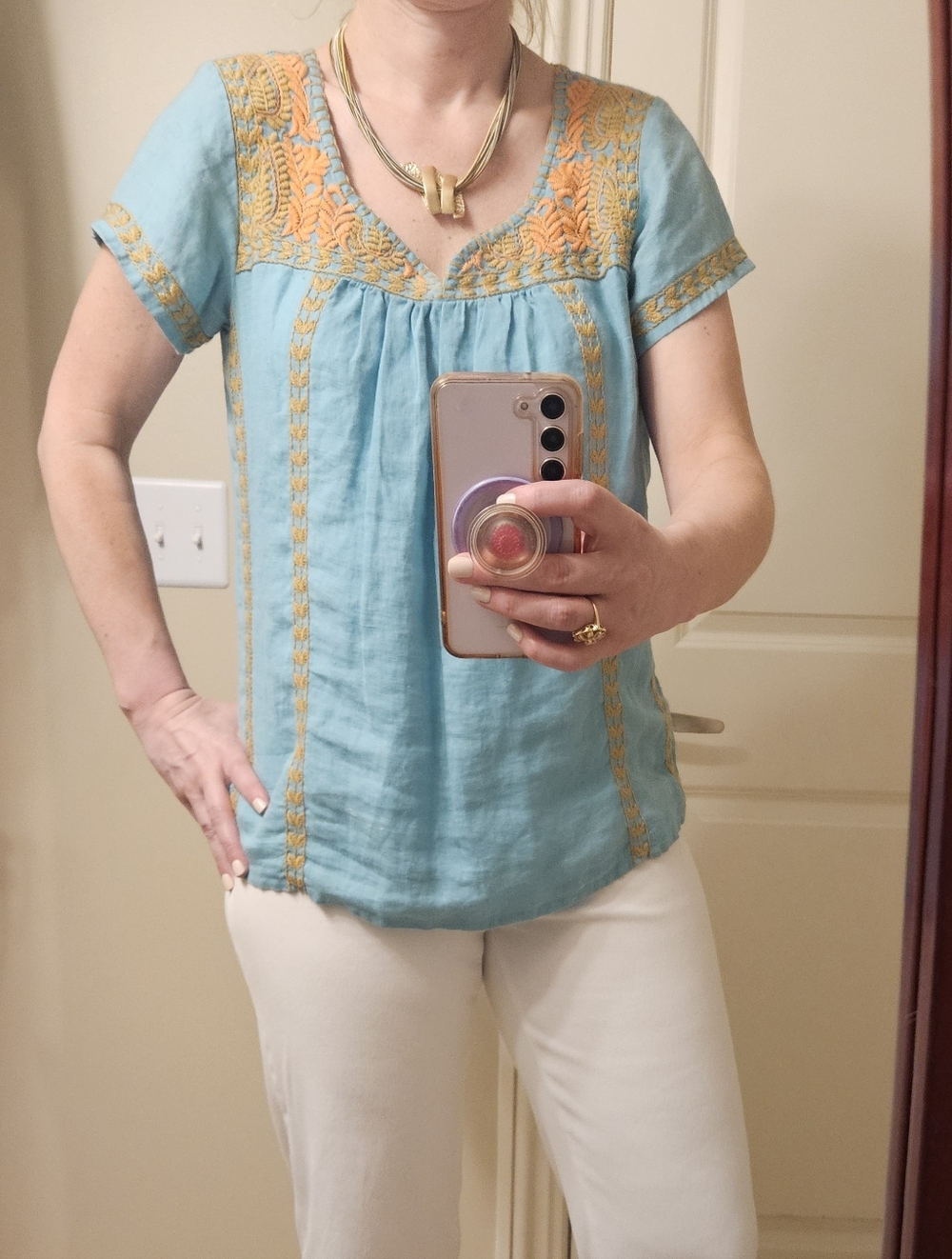 Ivy Jane 100% Linen Embroidered Boho Blouse | Teal / Blue-Green Peasant Top S